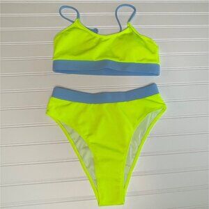 Womens Neon Green Ribbed Bikini Set – Small High Waist 2-Piece Swimsuit Cheeky